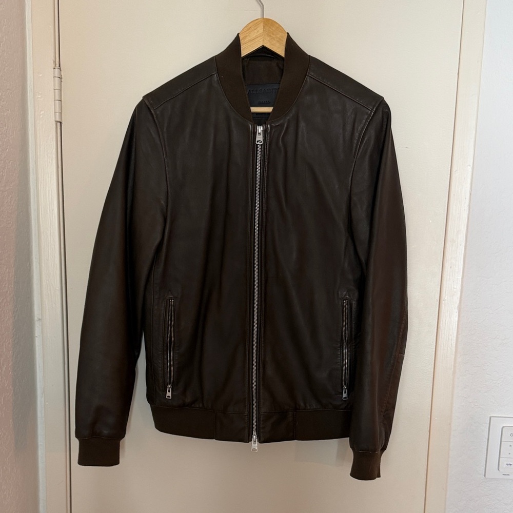 All Saints Olive Green Leather Bomber Jacket